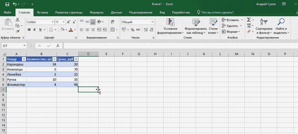 Промежуточные итоги с помощью сочетания клавиш