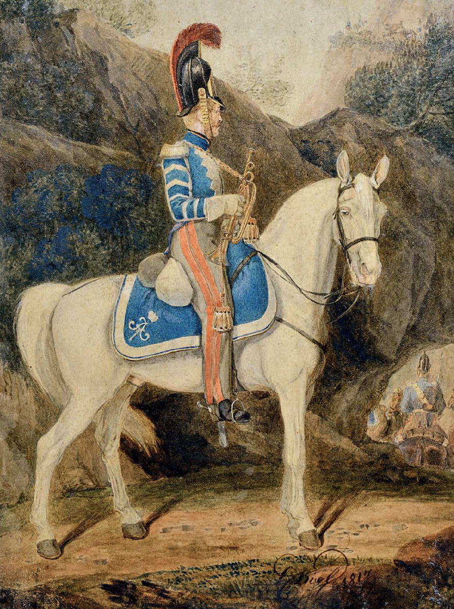 Трубач Жандармского полка. 1817 Л. И. Киль Тонированная бумага,  
акварель, гуашь, лак
Лист 37,0 × 31,0;  
изображение 21,0 × 15,0
Справа внизу тушью пером подпись: LC Kiel 1817
Собрание: до 1918 в музее Главного интендантского управления ВМ Поступление: в 1937 из ВИБМ
ВИМАИВиВС
Инв. КП ИФ 30709/32 ИФ 18/591(32)
Воспроизводится впервые