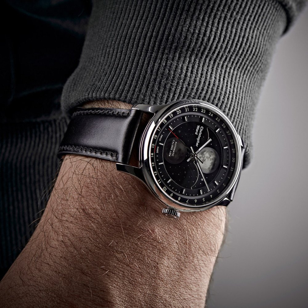 C1 Moonglow. Christopher Ward. Moonglow watch. A watch on a man's hand.