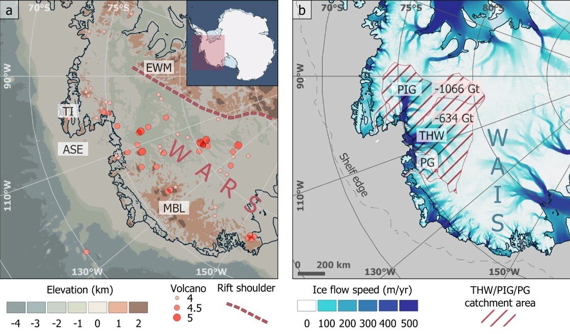 На карте слева (а) показана высота ложа, рифтовое плечо Западно-Антарктической рифтовой системы (WARS) и расположение вулканов. Выделенная область указывает на регион исследования. EWM Горы Эллсворт-Уитмор, ASE залив моря Амундсена, MBL Земля Мэри Берд. На карте справа (b) показаны водосборные площади Пайн-Айленда (PIG), ледников Туэйтса (THW) и Поупа (PG), которые сливают Ледяной покров Западной Антарктики (WAIS) в залив моря Амундсена. Рисунок по: Dziadek et al., 2021. Условия лицензии http://creativecommons.org/licenses/by/4.0/