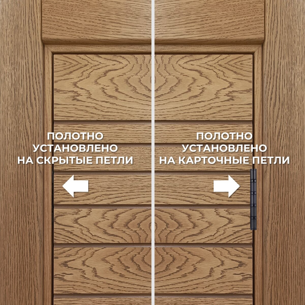 Слева дверь установлена на скрытые петли. Справа дверь установлена на обычные карточные петли.