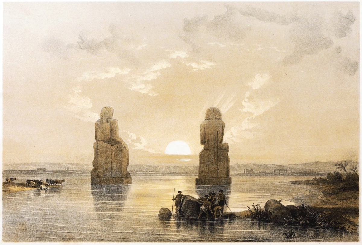 Колоссы Мемнона в 19 веке: при разливе Нила их полностью окружала вода.
