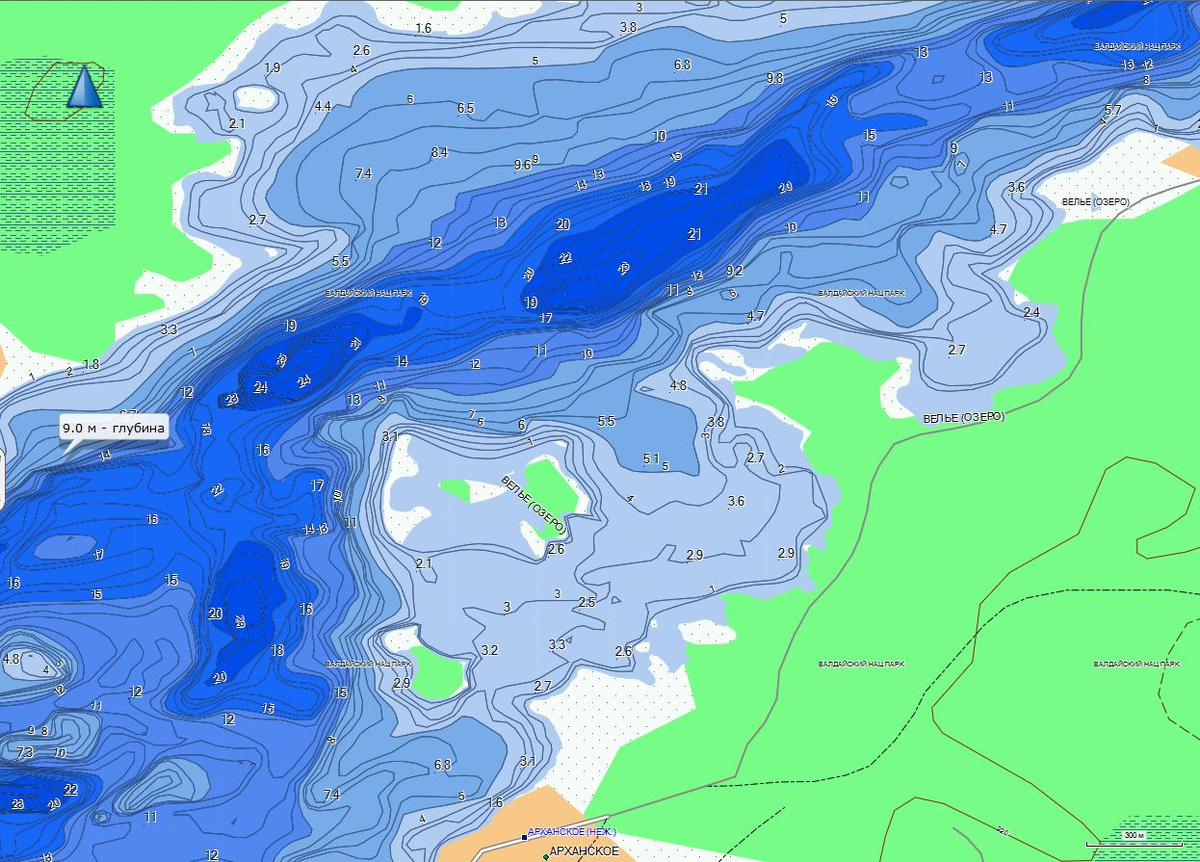 Карта глубин озера Велье в Новгородской