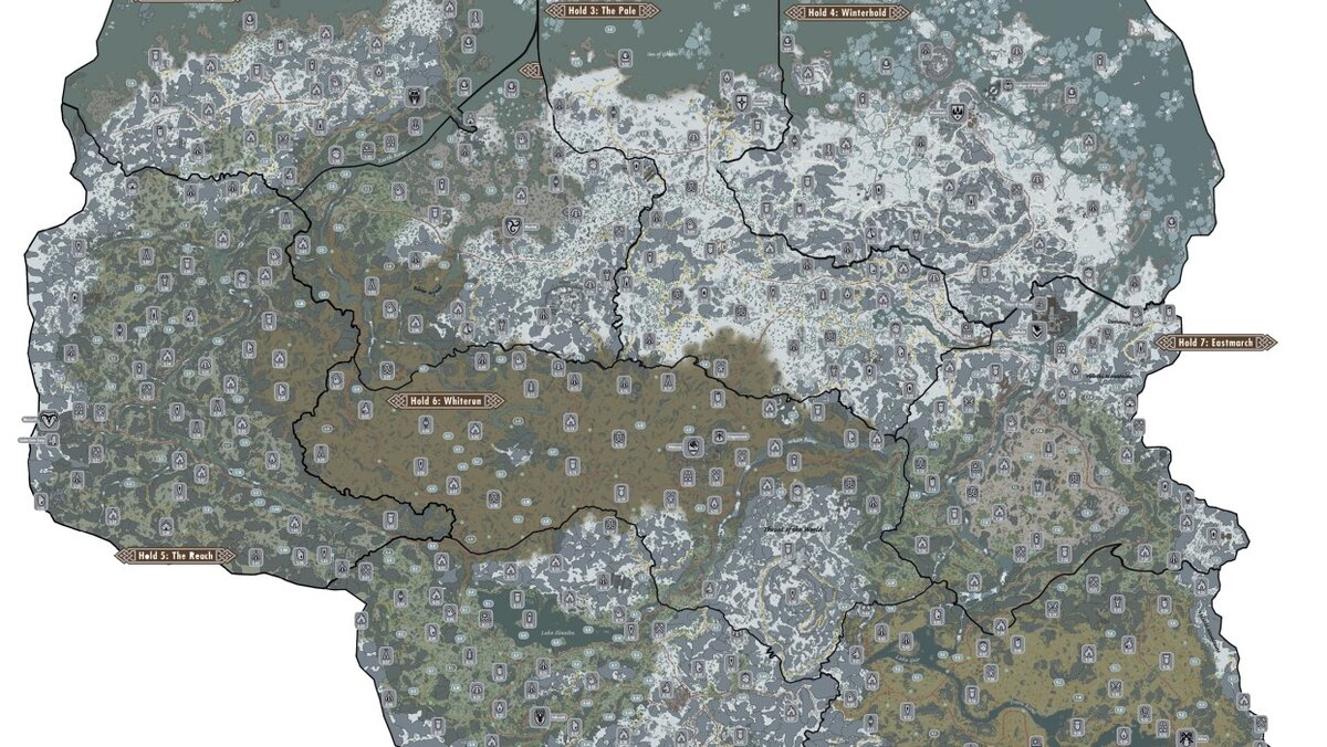 Размер мира Skyrim 5 около 40кв км, но он густо наполнен разнообразными локациями, уровнями и событиями. Это живой и интересный мир.