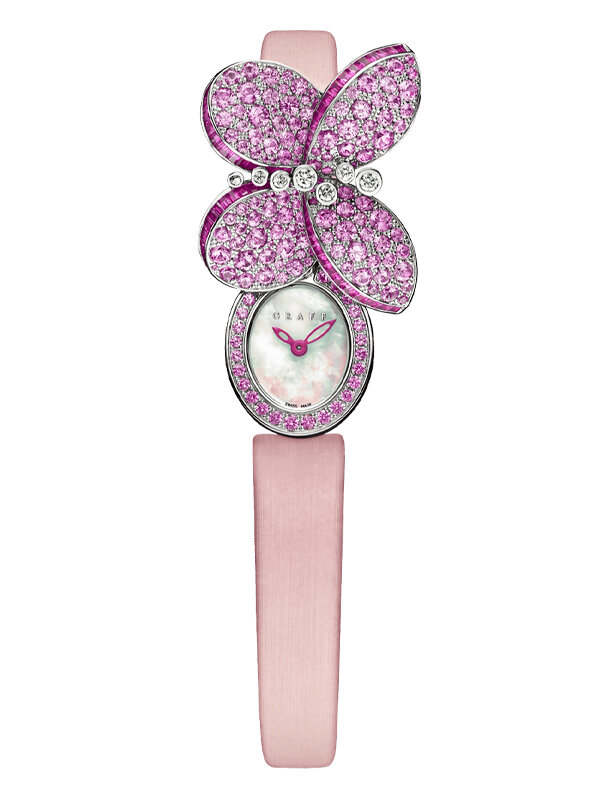 Часы с секретом Graff Diamond Butterfly в корпусе из белого золота, украшенные бриллиантами и розовыми сапфирами
