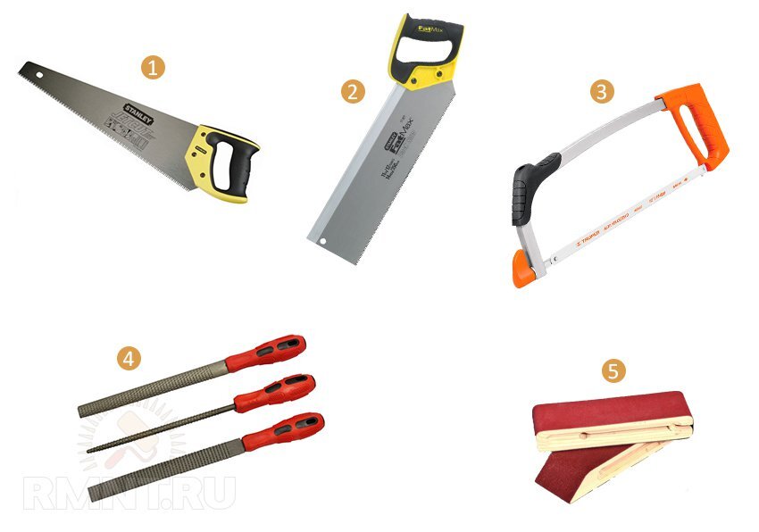 1 — ножовка по дереву; 2 — припасовочная (обушковая) ножовка; 3 — ножовка по металлу; 4 — набор рашпилей по дереву; 5 — брусок для шлифовальной бумаги 