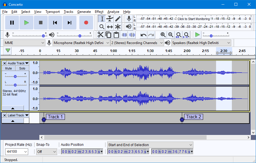 Окно программы Audacity