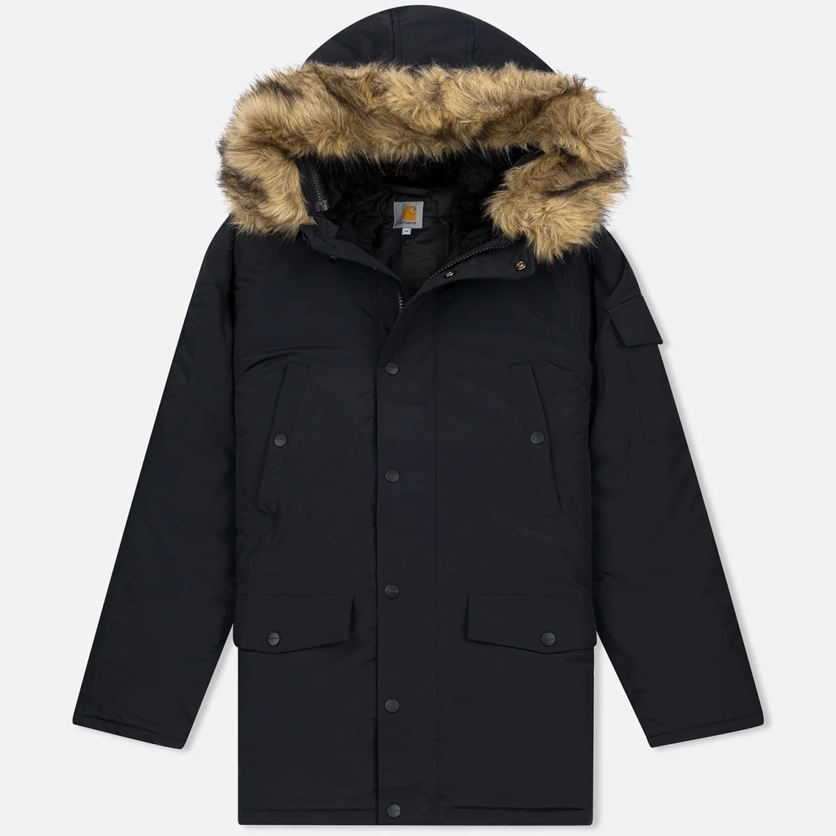 Carhartt WIP Anchorage Parka – зимняя парка в классическом стиле от американской компании Carhartt WIP, которая производит рабочую одежду. Куртка изготовлена из легкого и прочного 100% нейлона Tactel Ottoman (4.7 oz), внутри - утеплитель из полиэстера. Капюшон подбит искусственным мехом, а также имеет опушку, которую можно отстегнуть. Кроме этого, капюшон парки можно отрегулировать по натяжению. Модель обладает удобными карманами для рук, углублением на рукаве и большими накладными карманами в нижней части. Чтобы спрятать важные документы или деньги в куртке предусмотрен внутренний карман. Парка обладает традиционным силуэтом, современным дизайном, лаконичным брендингом и продуманной системой хранения вещей и надежные утяжки. 
Характеристики: 
материал - 100% нейлон;
наполнитель - полиэстер;
мех в капюшоне и опушка - искусственные;
капюшон - регулируемый;
карманы - для рук, в нижней части куртки, на рукаве и во внутренней части;
ЦЕНА: 16 990 рублей.
