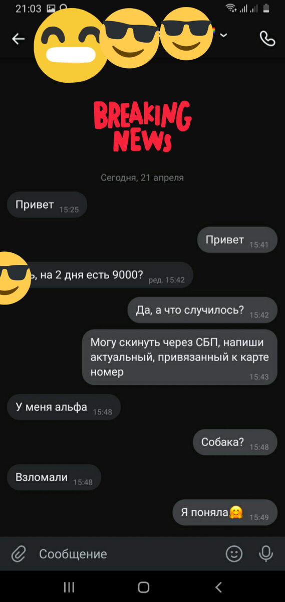 Скриншот из личной переписки в ВК