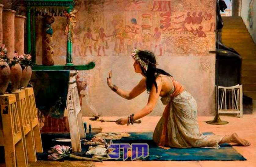 Жрица предлагает дары из еды и молока духу кошки. «Похороны египетского кота» Джона Рейнхарда Вегелина.