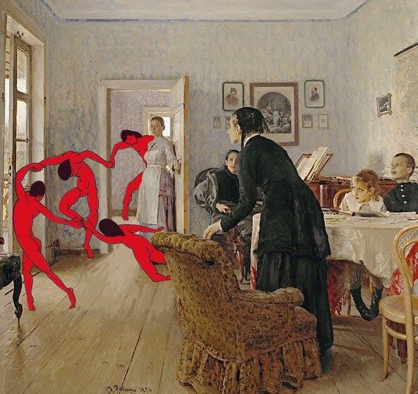 Арт-мем, составленный из картины Репина "Не ждали" и картины Матисса "Танец". 