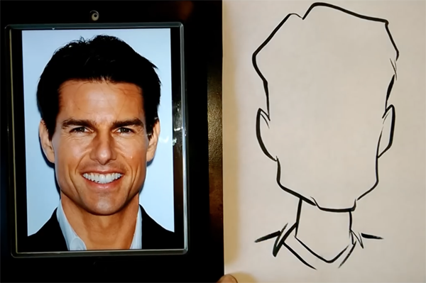 Здесь фото улыбающегося мужчины. Обозначим контуры головы близко к овалу. Нарисуем уши, квадратный подбородок, угловатые скулы, очертание прически. Шею наметим двумя линиями. Изобразим детали одежды.
