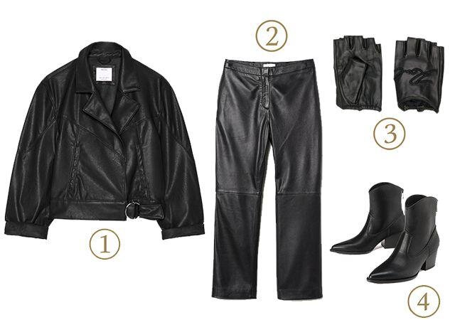 Куртка Bershka, 2799 руб. 2. Брюки из натуральной кожи H&M, 18 999 руб. 3. Митенки Karl Lagerfeld, 8606 руб. 4. Казаки Stradivarius, 3999 руб. 