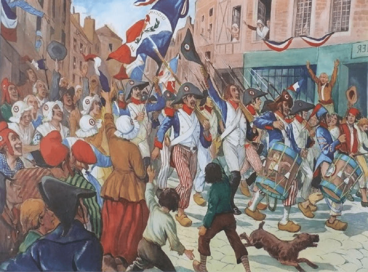 Марсельские батальоны входят в Париж под Марсельезу. "...К оружию! Создавайте свои батальоны..." призывает Марсельеза. Источник: Google картинки.