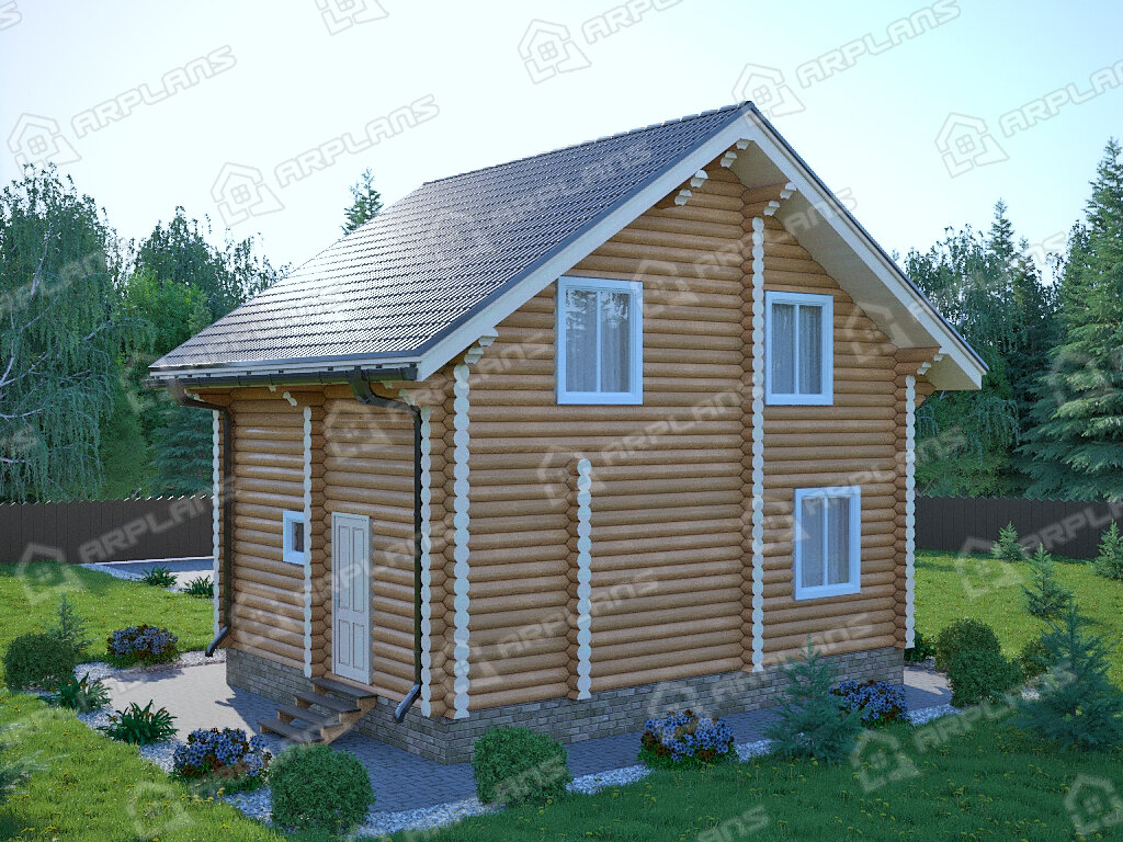 Фото 2 деревянного двухэтажного дома из бревна с мансардой и 3 спальнями. Общая площадь 80 кв м. Источник arplans.ru Проект ДО-057