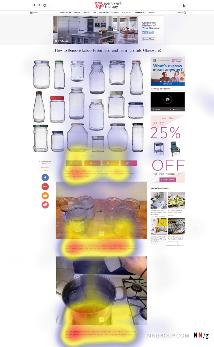 "На этой тепловой карте отображены фиксации 26 человек, просмотревших страницу сайта. Пользователи читали текст, но практически не уделяли внимания верхнему баннеру и правой части страницы. Красным цветом обозначены области наибольшей фиксаций глаз; жёлтым — умеренной фиксации; синим — наименьшей. На незакрашенных местах фиксация отсутствовала."

Источник: VC.ru  "Баннерная слепота: почему пользователи игнорируют рекламу и что с этим делать "