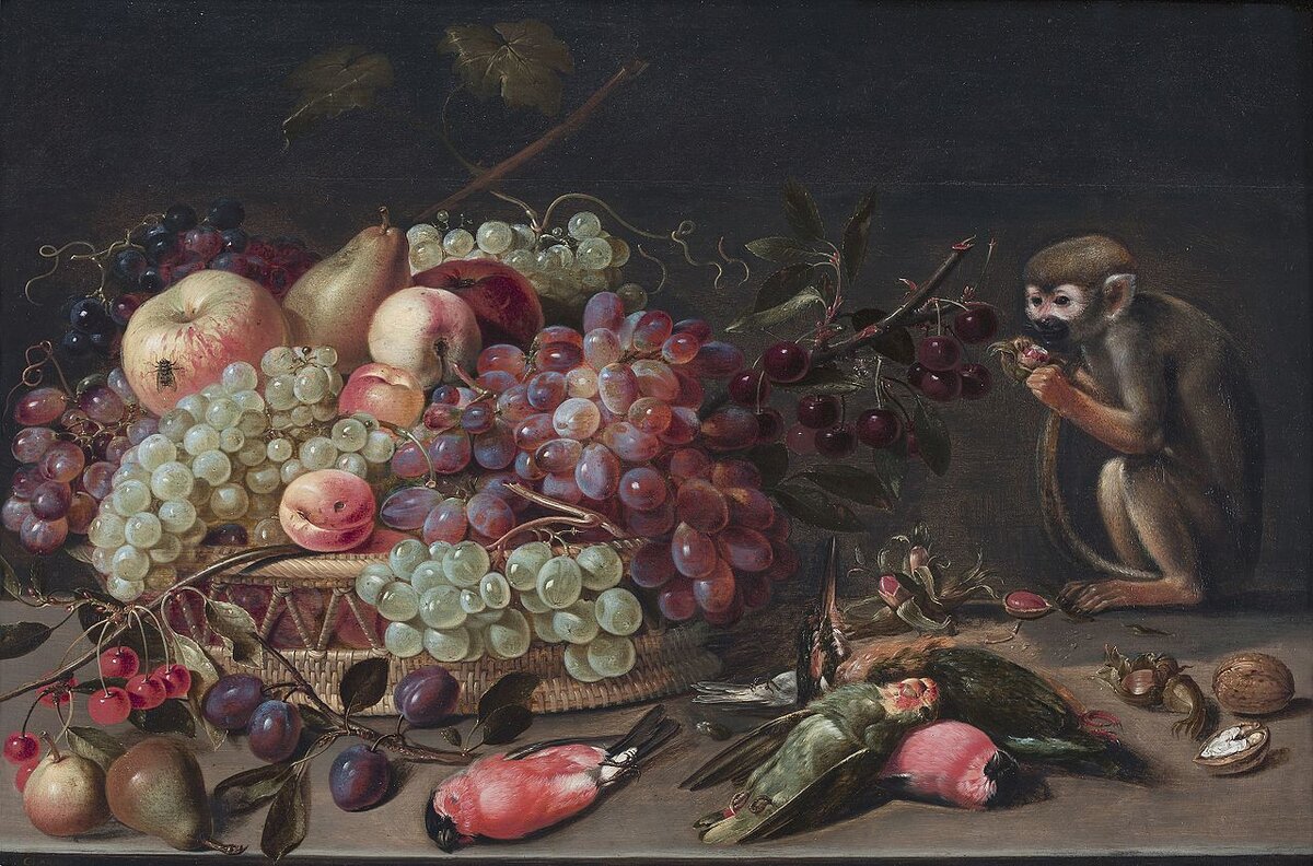 Clara Peeters. Still life of fruit, dead birds and a monkey. Private collection