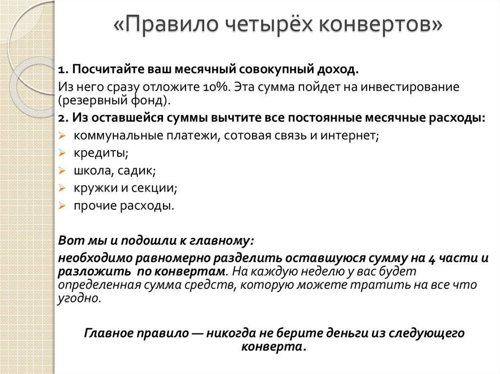 Метод бюджет. Правило четырех конвертов. Конверты для накопления денег. Правило конвертов для планирования бюджета. Правила 4 конвертов.