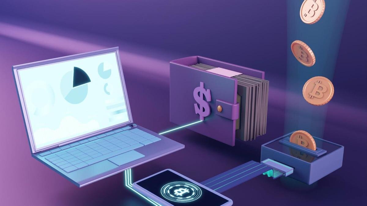    Виртуальный кошелек, монеты, ноутбук:Freepik