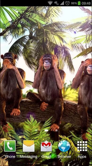Снимок экрана с телефона с установленными «живыми обоями» «Three Wise Monkeys 3D»