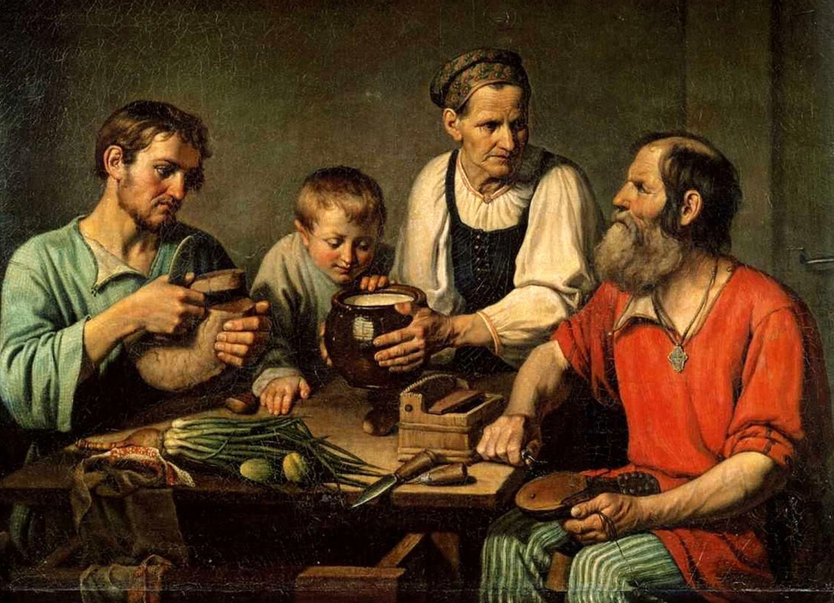 Село Верхне-Никульское. Крестьянское семейство перед обедом. Дипломная работа Ф.Г. Солнцева. 1824 год