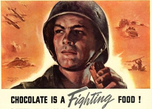 Американский плакат Второй мировой. Надпись гласит "Шоколад-боевая пища!"