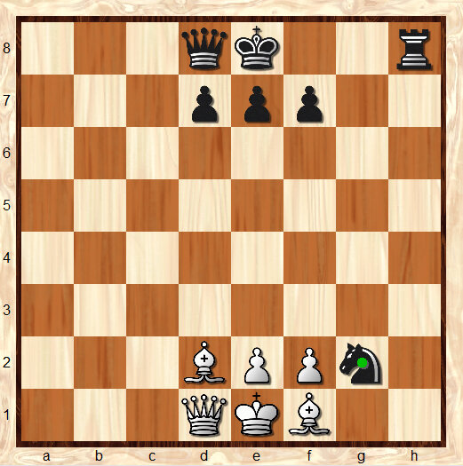 Черный конь объявляет шах белому королю. Защита во взятии коня слоном на g2.