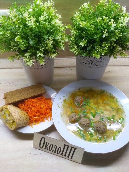 Фотография обеда: суп с фрикадельками и салат
