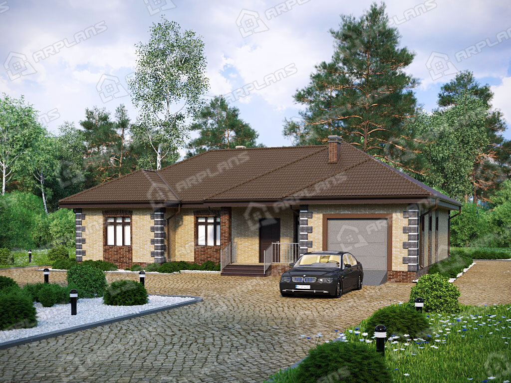 Фото 2 одноэтажного дома из газобетона с 3 спальнями, гаражом на 1 машину, газовой котельной и террасой до 200 кв м. Источник arplans.ru Проект К-248