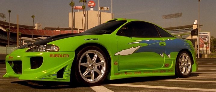 Mitsubishi Eclipse GSX — данный экземпляр в жизни Брайана (кто не знает, одного из главных героев, которого сыграл Пол Уоккер в фильме «Форсаж»), использовался им для гонок. Всего в первой части фильма было использовано четыре машины этой модели, все они компоновались 2-литровыми моторами, способными производить 140 л.с.