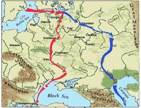 Волжский торговый путь (или Серебряный торговый путь) обозначен синими стрелками