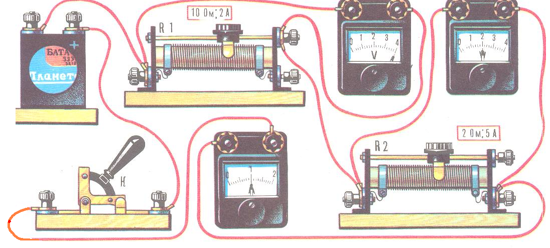 Как подключить амперметр к реостату. Схема 2 резистора, амперметр, вольтметр, ключ, источник тока. Схема включения реостата в электрическую цепь. Реостат схема включения в цепь. Схема подключения реостата к электрической цепи.
