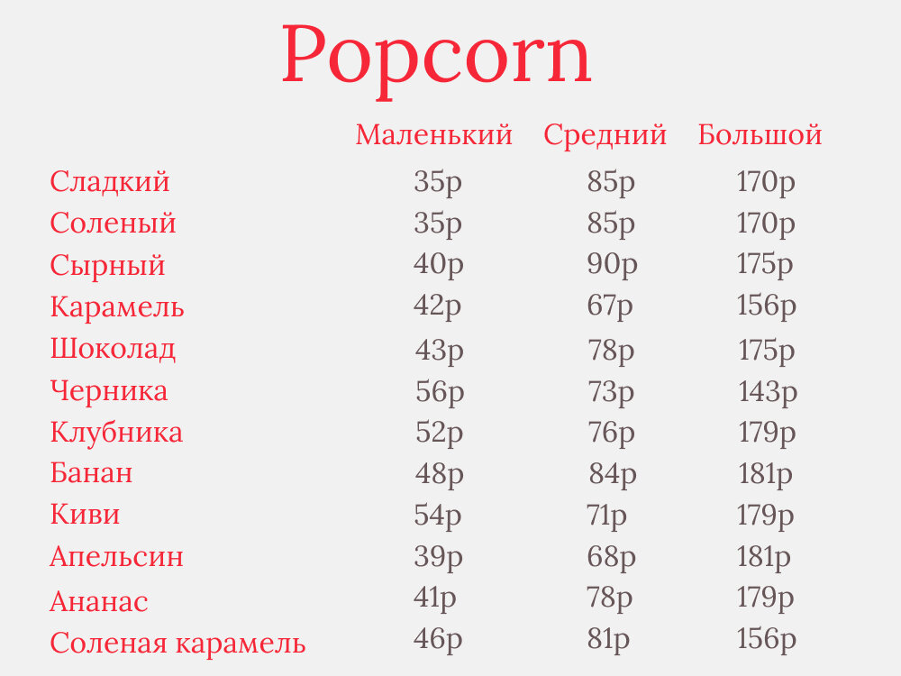 Price-list (цены на попкорн)