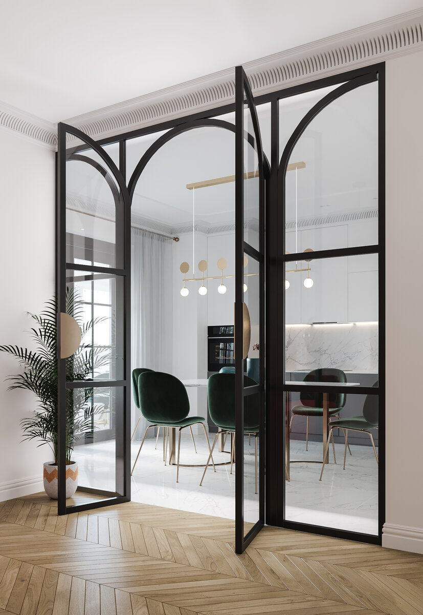 Кухня-гостиная со стеклянной перегородкой. Проект SOVA interiors