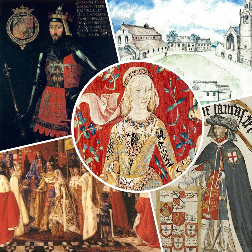 Вверху. Портрет Джона Гонта и реконструкция Лестерского дворца в XIII-XIV веке. Внизу - свадьба Джона Гонта и Бланки Ланкастерской. Генрих Гросмонд - отец Бланки и дед Филиппы. По центру -изображение c гобелена XV века «Дама и единорог», следующее описанию «Белой дамы» в «Книге герцогини» Джеффри Чосера, прообразом которой была Бланка.