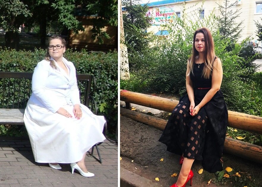 Слева фото Юли, где она весит 112 кг, на правом фото, где она весит 63 кг