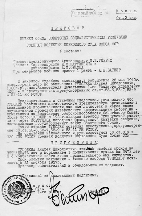 Приговор конструктору Туполеву