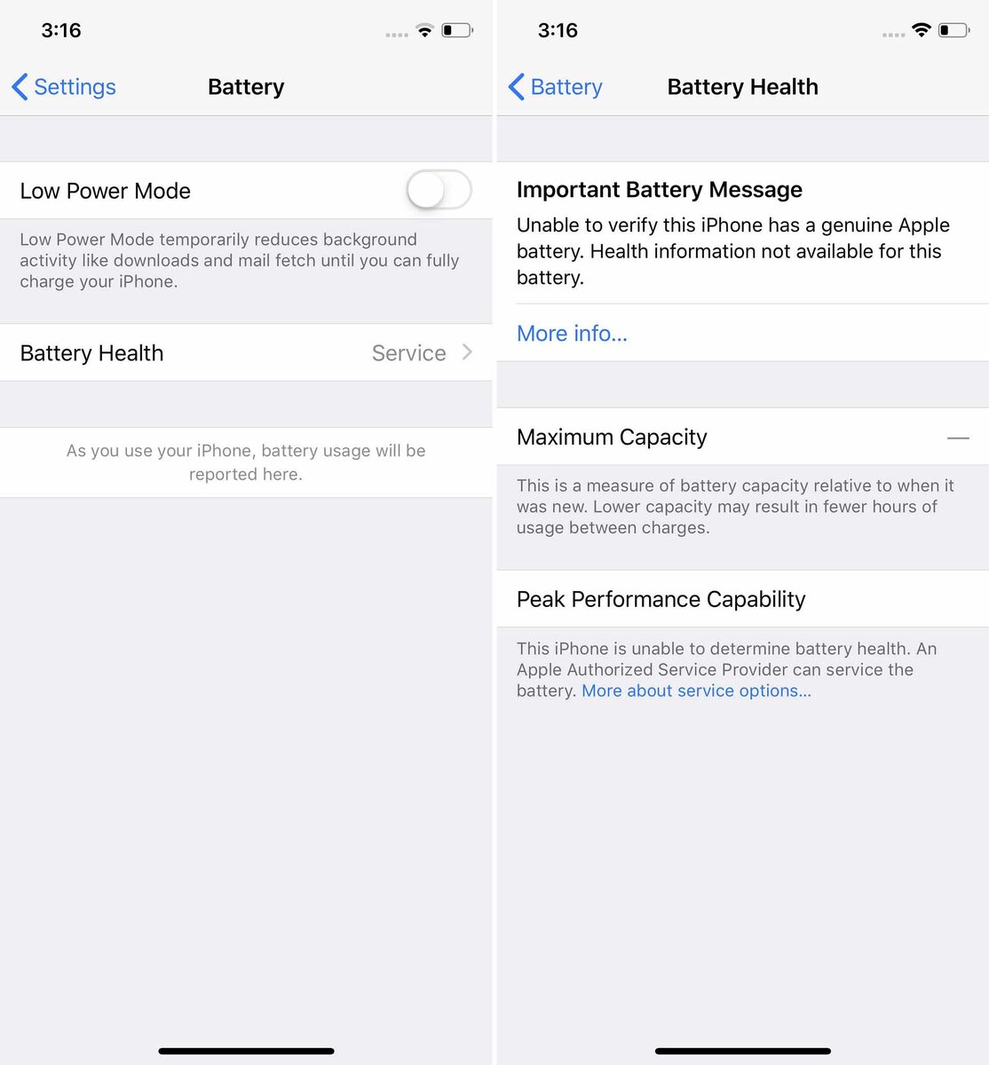  Важное сообщение об аккумуляторе: Невозможно проверить, что данный iPhone оснащён подлинным аккумулятором Apple. Информация о состоянии недоступна для данной батареи. 