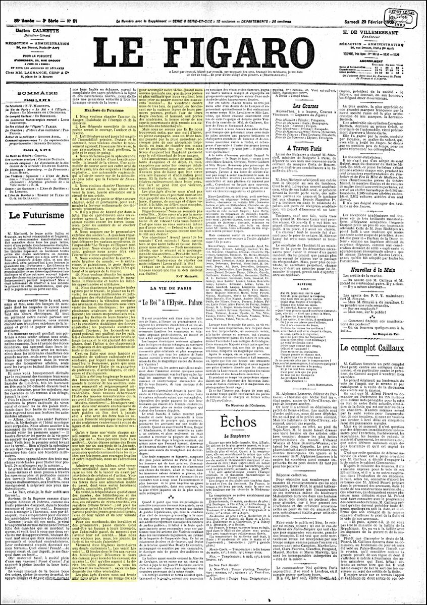 Манифест футуризма в газете Le Figaro, 1909 год