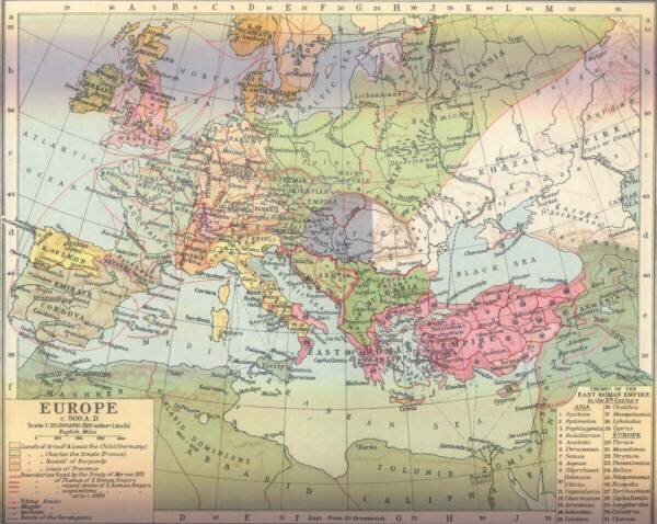 Европа ок. 900 г. (Muir'S Historical Atlas--Mediaeval and Modern, London 1911, общественное достояние)