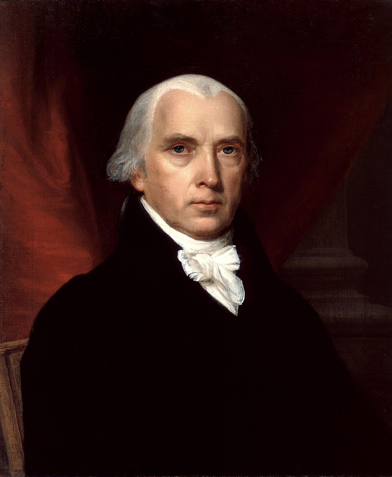 Дже́ймс Мэ́дисон (англ. James Madison Jr.; 5 (16) марта 1751 года, порт Конуэй, колония Виргиния — 28 июня 1836 года, Монтпилиэр, штат Виргиния) — американский государственный деятель, четвёртый президент США, один из ключевых авторов Конституции США и Билля о правах.  (источник фото: https://ru.wikipedia.org) 