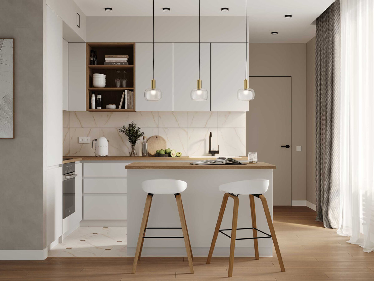 Фото: Estima. Напольное покрытие и фартук выполнены из керамогранита, коллекция Melody 02 и вставки в напольном покрытии - Venezia Beige 