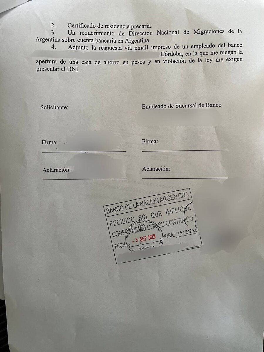 Официальный отказ из Банка Насьон об открытии счета по прекарии для рентисты