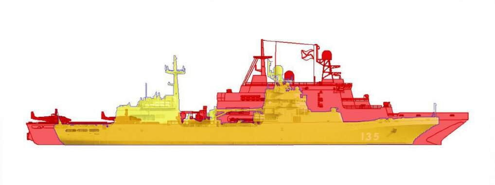 Как изменился проект 11711. Желтым цветом показан размер и силуэт первых двух БДК, красным - следующих, строящихся с 2019 года, в новой версии.