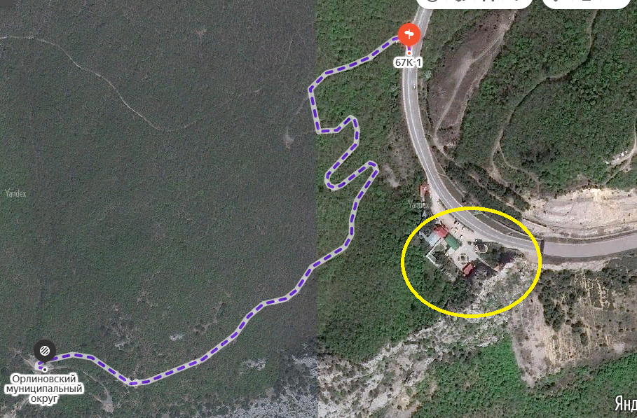 Жёлтый круг обозначает смотровую площадку Ласпи. От красного знака мы начали путь.