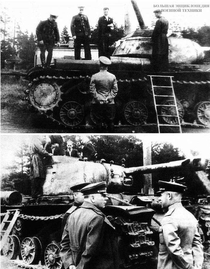 Маршал Советского Союза К. Ворошилов осматривает танк КВ-1С с установленной на нем 122-мм гаубицей. Центральное артиллерийское конструкторское бюро, весна 1944 года