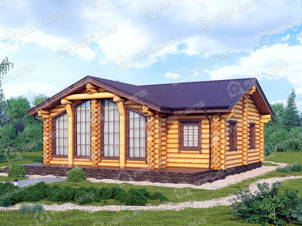 Фото 2 одноэтажного деревянного дома из бревна с 3 спальнями, газовой котельной и террасой. 120 кв м. Источник arplans.ru Проект ДО-106