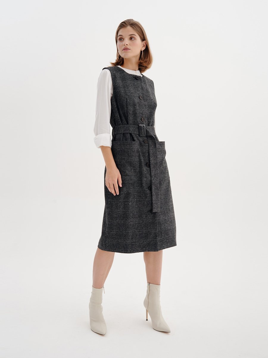 Платье серое в клетку длины миди с поясом без рукавов 1001DRESS арт. BF00034GY на OPEN-PRO