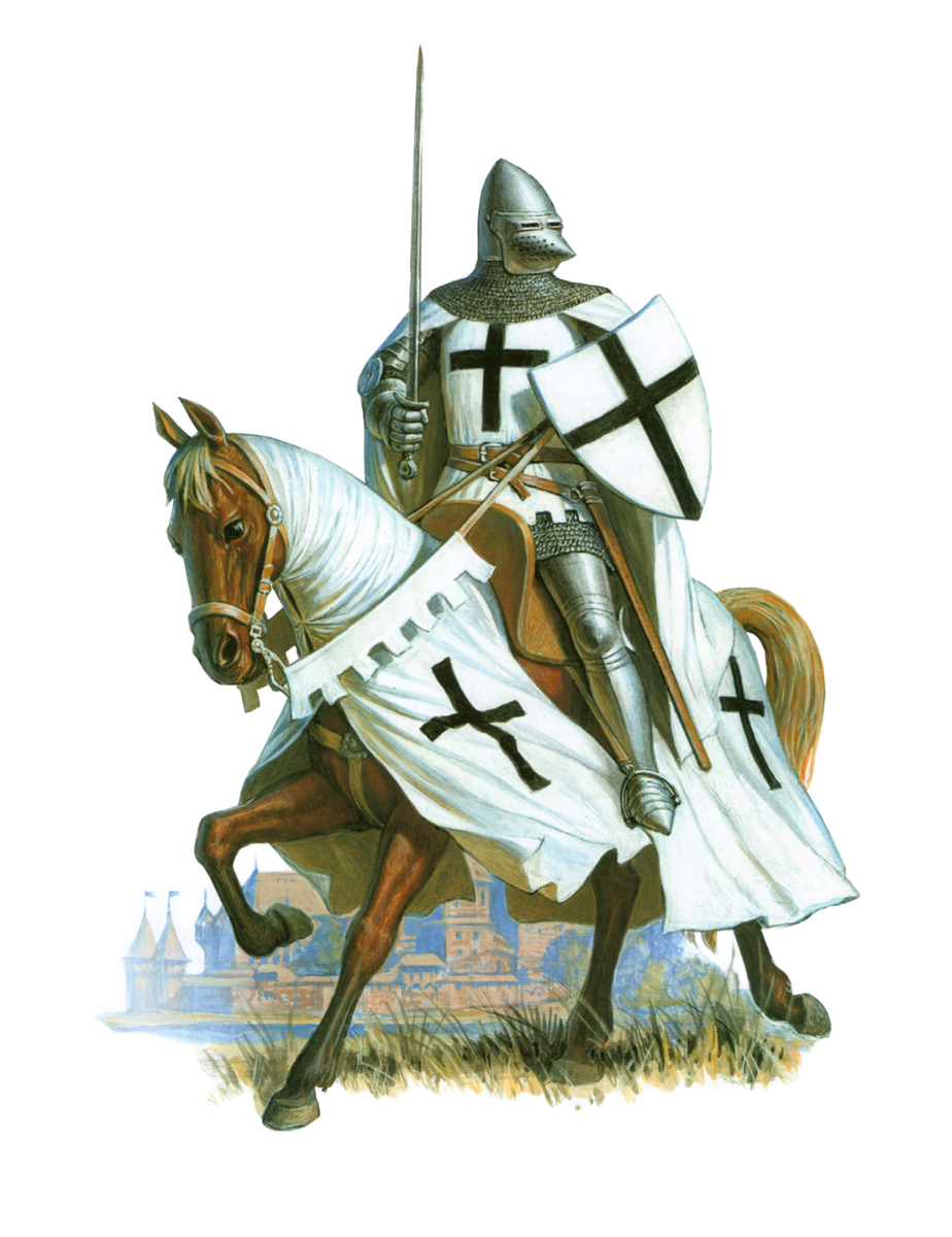 На практике это выглядело уже как-то вот так: шлем-бацинет с подъемным забралом, латные руки-ноги, а под гербовой накидкой скорее всего ранняя кираса. Только щит бы еще другой формы.