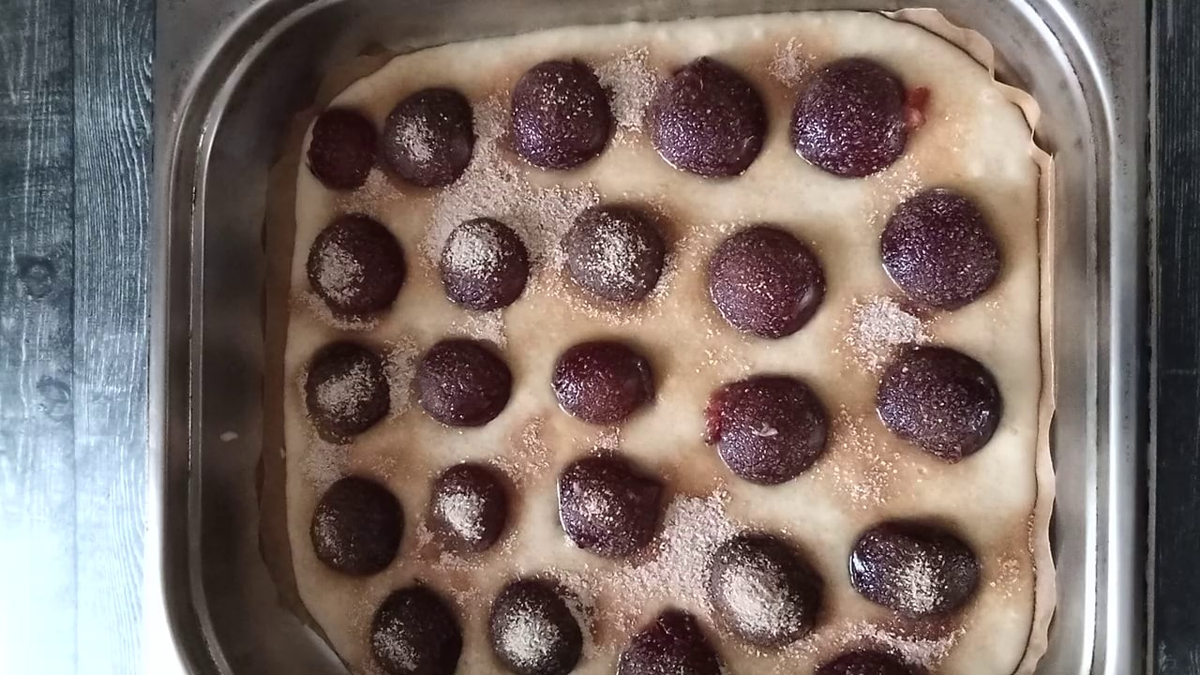 Летний пирог со сливами перед тем как отправиться в духовку. Фото от автора